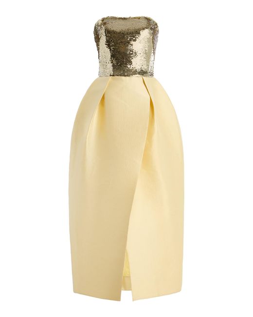 Monique Lhuillier Metallic Sequin-Bodice Cotton-Blend Mikado Midi Dress