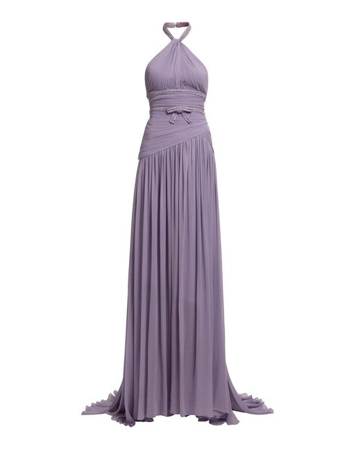 Elie Saab Purple Gathered Halter Top Silk-Blend Maxi Dress