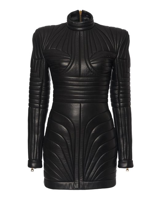 Balmain Black Strong Shoulder Quilted Leather Dress