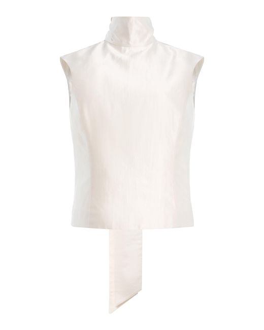 Atelier Prabal Gurung White Shantung Back Bow Neck Tie Top