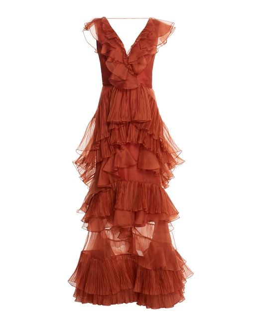 Johanna Ortiz Orange Melancholy Dance Ruffled Silk Organza Gown