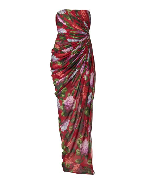 Carolina Herrera Red Draped Hydrangea-Printed Chiffon Gown
