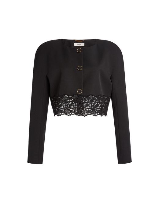 Chloé Black Lace-Trimmed Wool Grain Du Poudre Jacket