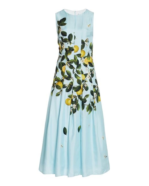 Oscar de la Renta Blue Pleated Lemon-print Silk Midi Dress