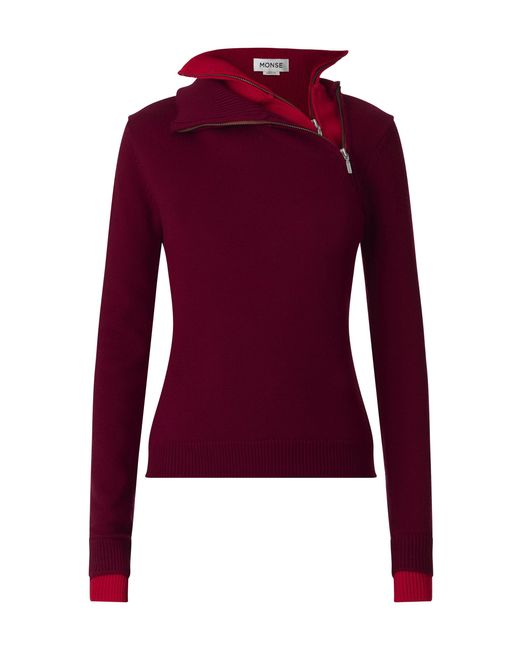 Monse Red High-Neck Asymmetrical Zipped Merino Wool Sweater