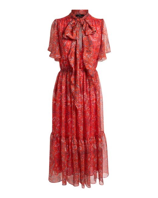Etro Red Patterned Silk Midi Dress