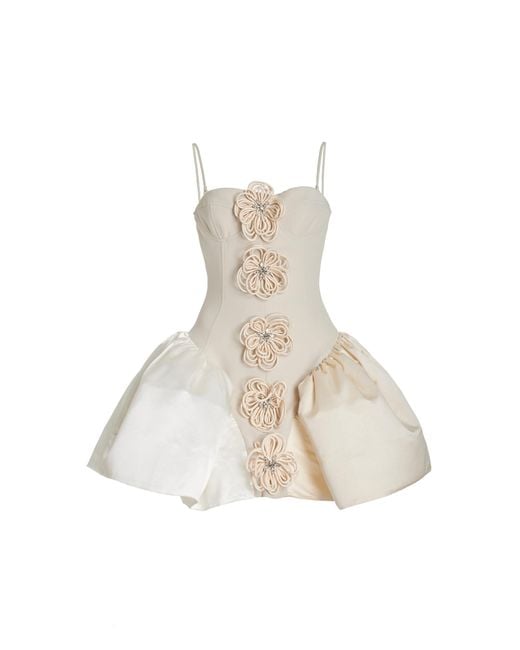Harbison White Flora Cyclone Embellished Knit-satin Bustier Mini Dress