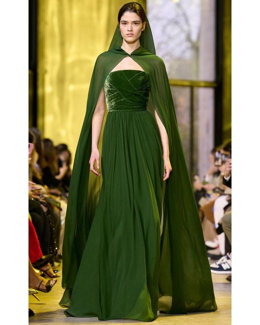 Elie Saab Cape-detailed Silk And Velvet Gown in Green | Lyst