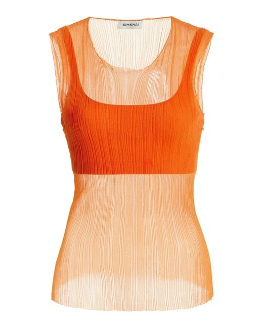 Jonathan Simkhai Orange Oakley Bralette-detailed Plisse-knit Tank Top