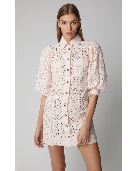 ganni broderie-anglaise cotton mini dress Ganni Broderie Anglaise Cotton Mini Dress in Pink