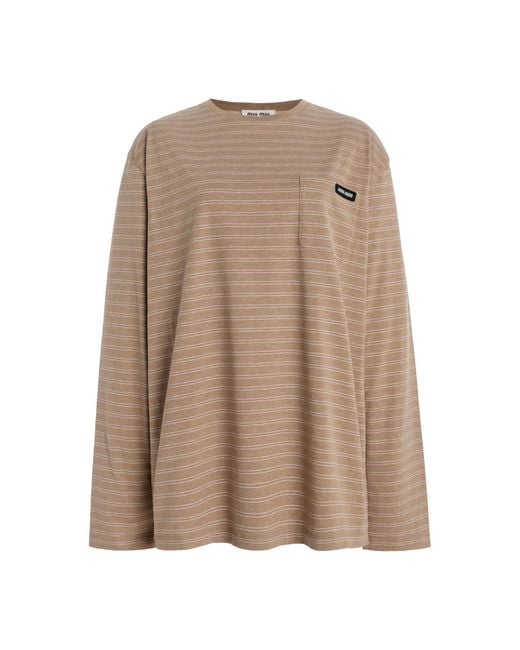 Miu Miu Oversized Striped Cotton Jersey T-Shirt in Brown