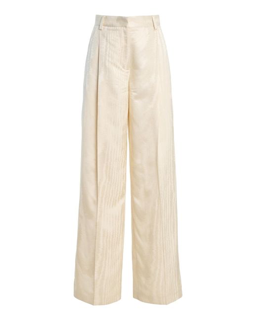 Oscar de la Renta White Shantung Moiré Jacquard Wide-Leg Pants