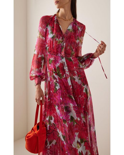 Oscar de la Renta Red Floral Silk Chiffon Gown