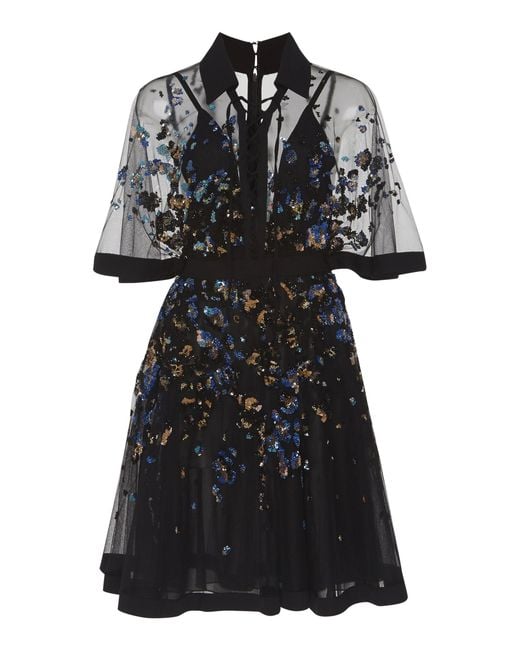 Elie Saab Black Embroidered Bell Sleeve Mini Dress