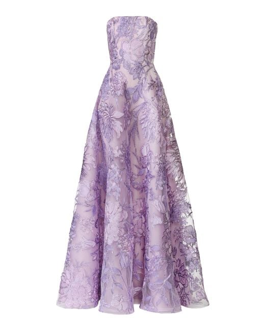 Naeem Khan Purple Floral Bustier Metallic Raffia Gown