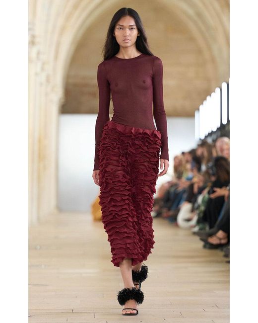 Aje. Red Thalea Ruffle Knit Midi Skirt
