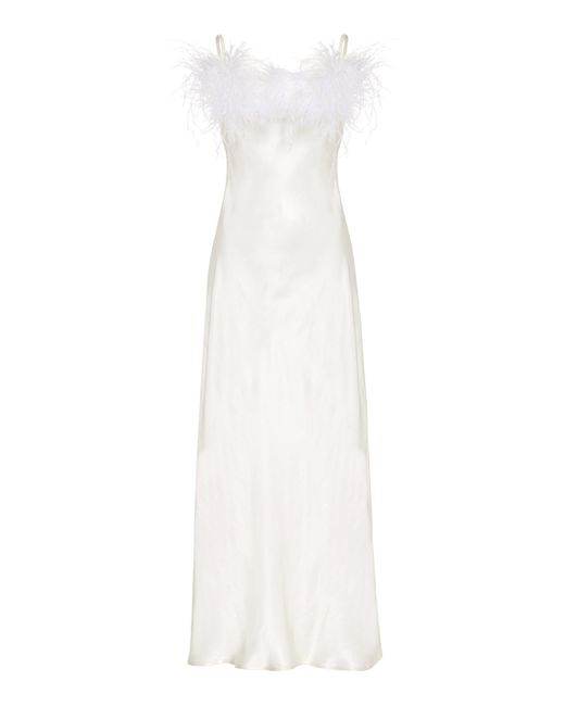 Sleeper White Boheme Feather-trimmed Satin Slip Dress