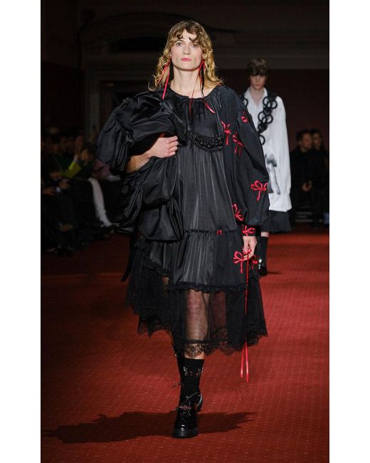 Simone Rocha Black Embellished Satin-cotton Patchwork Midi Dress