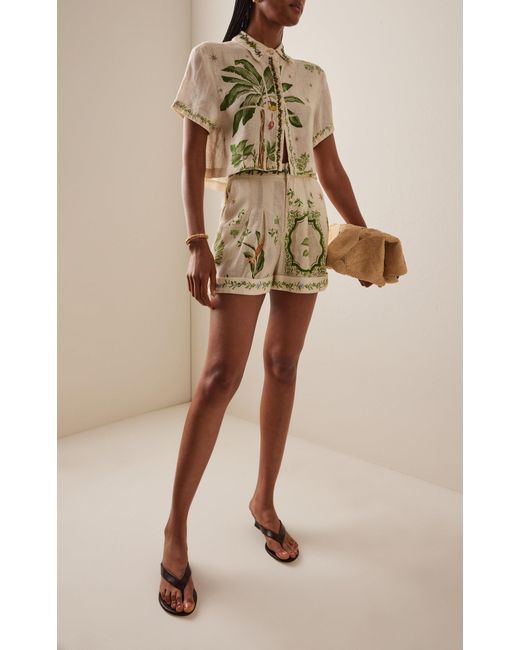 Agua Bendita Metallic Linen Embroidered Palm Print Shirt