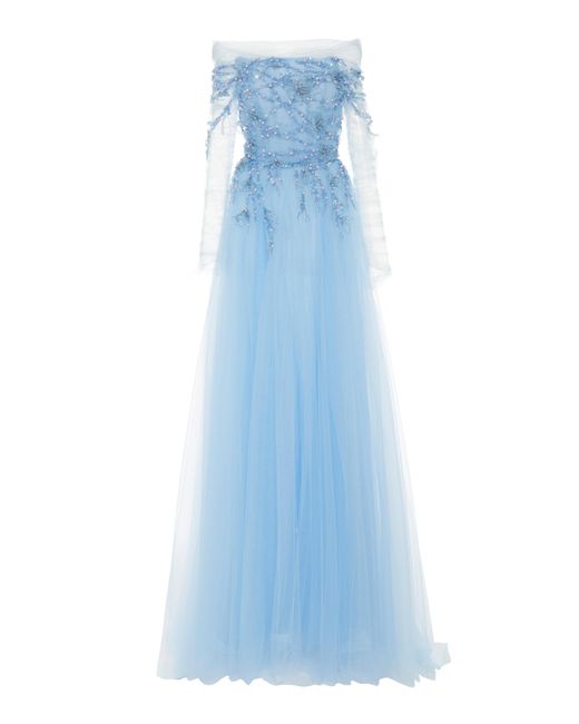 Pamella Roland Blue Cold-shoulder Sequin-embroidered Tulle Dress