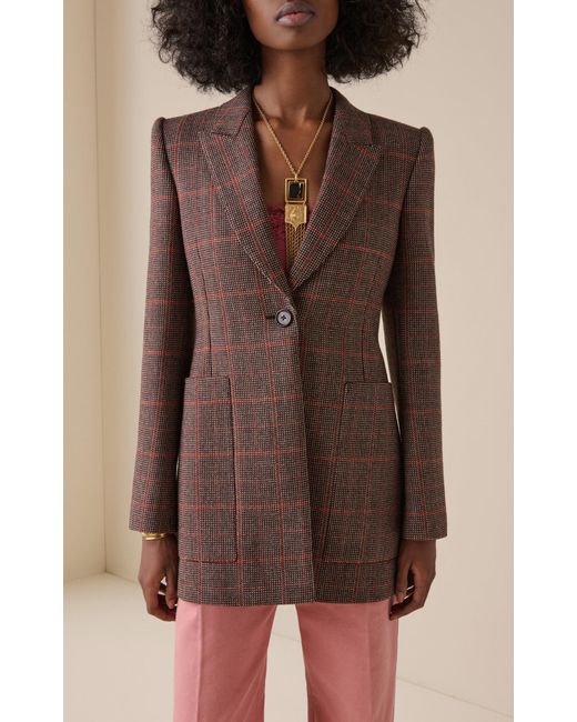 Chloé Brown Long Checked-Wool Blazer