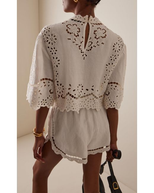 Sea White Lula Embroidered Linen-Blend Top