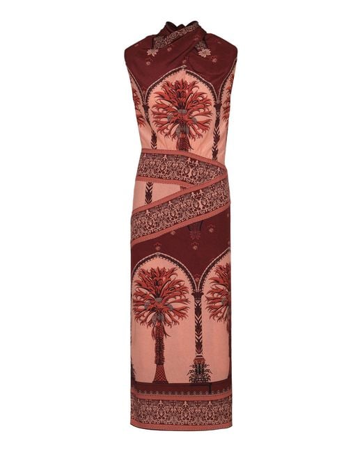 Johanna Ortiz Red Walking By Printed Silk Midi Dress