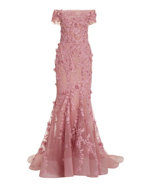 Marchesa Pink Off-the-shoulder Embroidered Tulle Gown