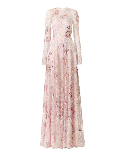 Naeem Khan Pink Floral Beaded Gown