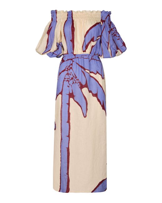 Johanna Ortiz Blue Harbor Hues Off-The-Shoulder Linen Midi Dress