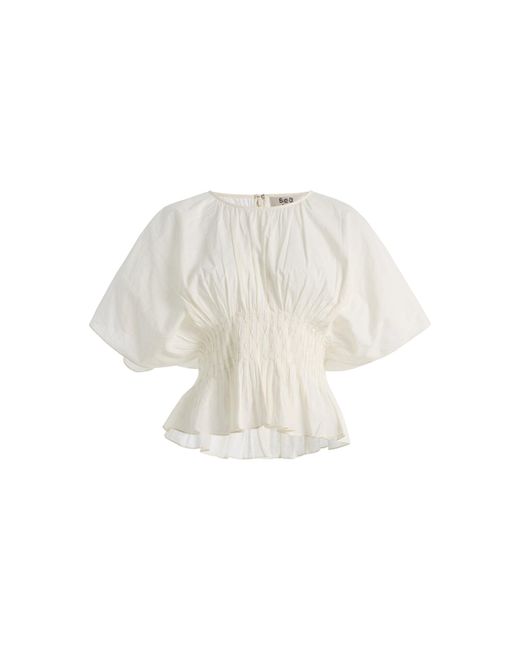 Sea White Gathered Ramie Top