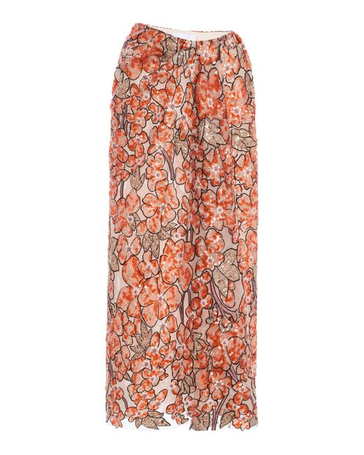 Atelier Prabal Gurung Orange Floral Sequin Embroidered Tulle Hand-Draped Sari Overlay Skirt