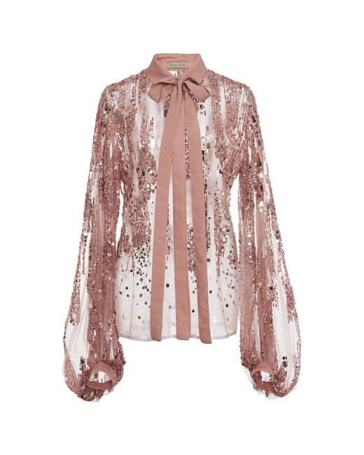 Elie Saab Pink Sequin Embroidered Pussy Bow Blouse