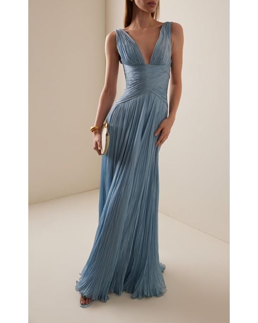 Marmar Halim Blue Lettuce Hem Pleated Silk Gown