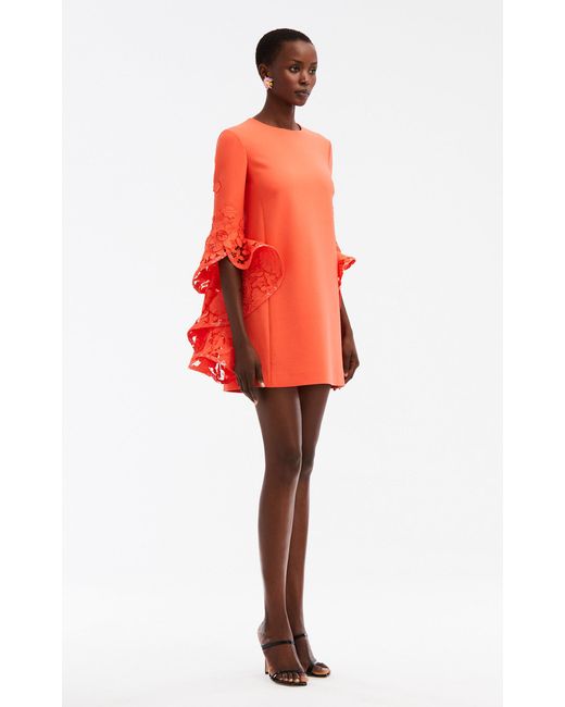 Oscar de la Renta Orange Ruffled Guipure Lace Stretch Wool Mini Dress