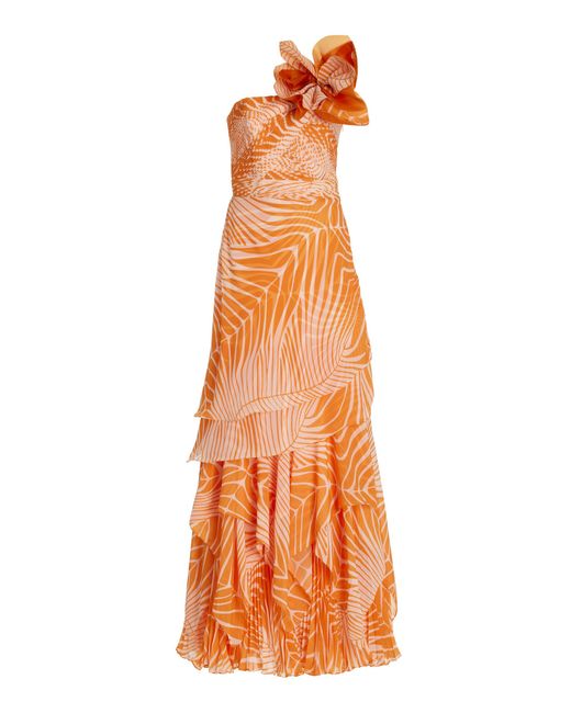 ANDRES OTALORA Orange Caladium Pleated Chiffon Maxi Dress