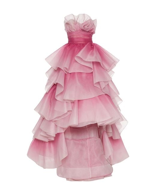 Marchesa Pink Tiered-ruffle Strapless Tulle Gown