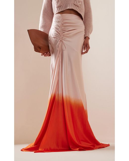 Alejandra Alonso Rojas Red Ruched Dip-dyed Satin Maxi Skirt