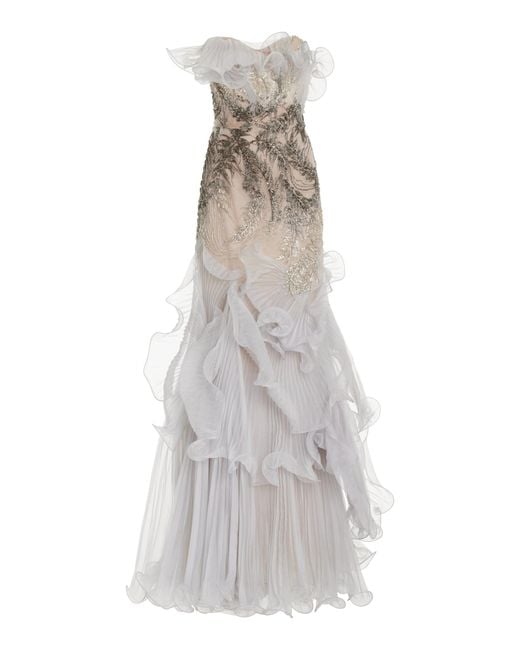 Marchesa White Ruffled Crystal-embellished Tulle Gown