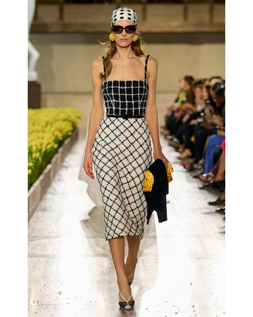Carolina Herrera Natural Belted Windowpane Tweed Dress