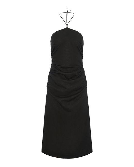 Onia Black Air Linen Ruched Halter Dress