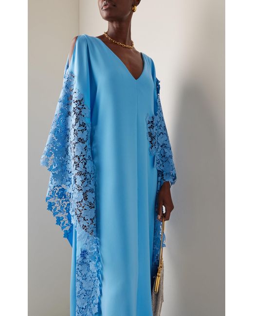 Oscar de la Renta Blue Gardenia-lace Silk-georgette Caftan Gown