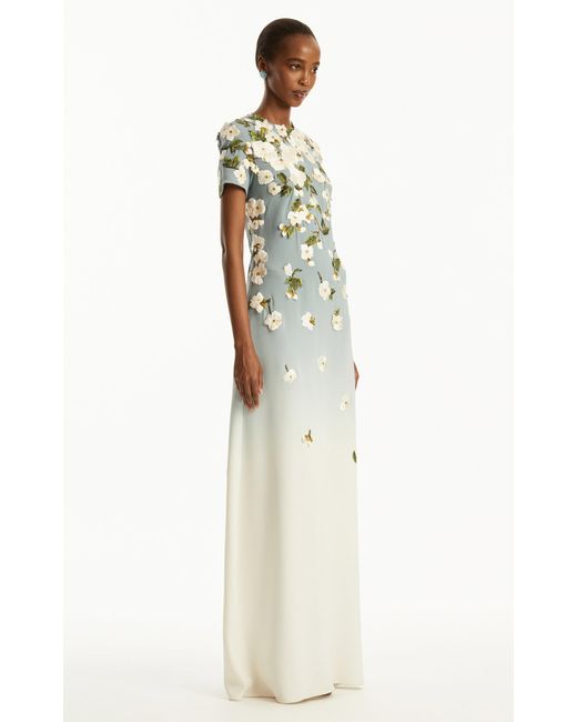 Oscar de la Renta White Embroidered Stretch-Silk Gown