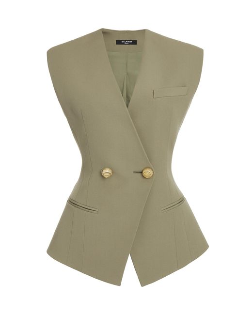 Balmain Green Tailored Grain Du Poudre Wool Vest