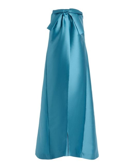 BERNADETTE Blue Jacques Bow-Detailed Strapless Satin Maxi Dress