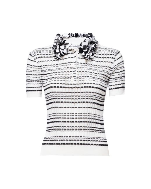 DES_PHEMMES White Embellished Ribbed Knit Polo Shirt