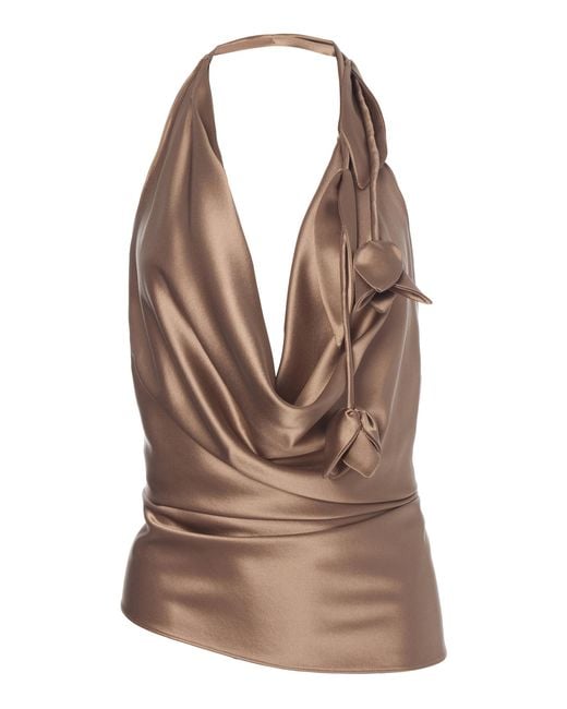 Monse Brown Asymmetrical Draped Silk Top