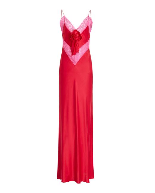 LoveShackFancy Red Serita Lace-trimmed Silk Maxi Dress