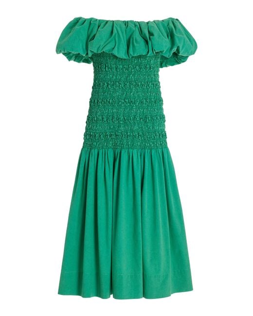Sea Green Juni Off-the-shoulder Smocked Cotton Midi Dress
