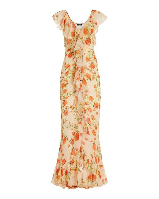 De La Vali Metallic Macaroon Flutter-sleeve Ruffled Chiffon Maxi Dress